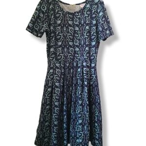 LuLaRoe Size Medium 37" Long Short Sleeve Blue Skater Dress